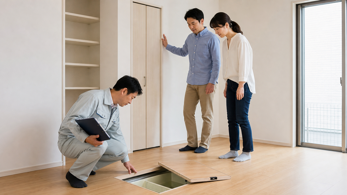 建売住宅の床下や室内の仕上がりを確認する様子