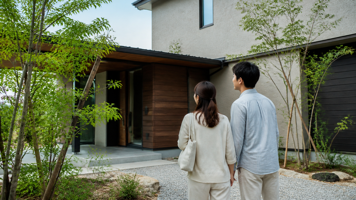 注文住宅の外観を見学する夫婦のイメージ
