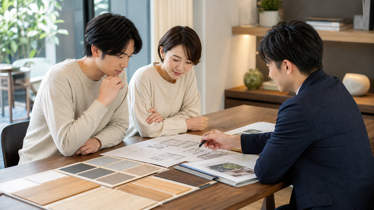 設計担当者と素材や間取りを相談する夫婦のイメージ