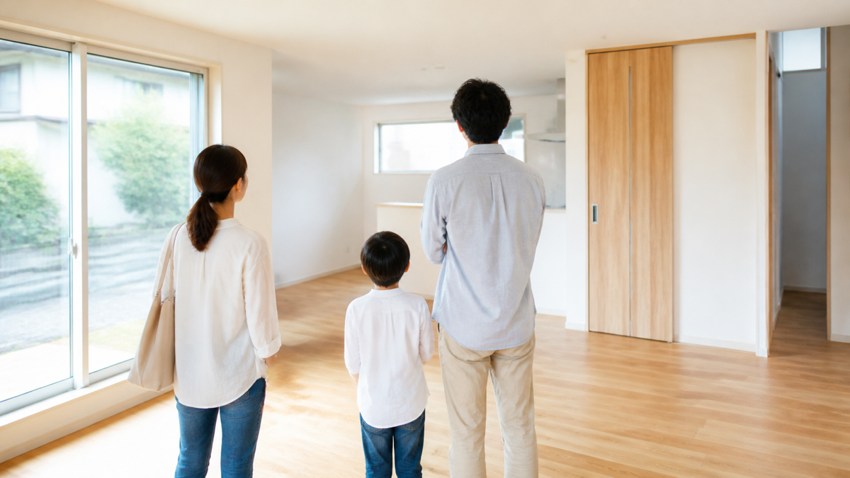 新築住宅を家族で内覧するイメージ