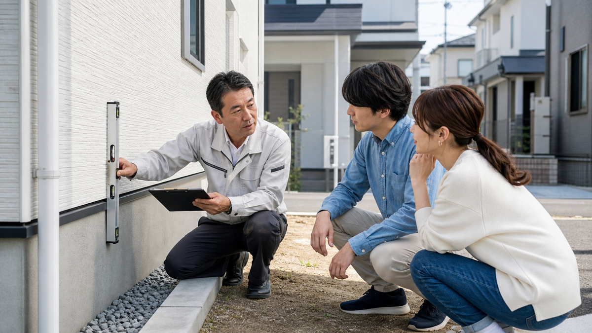 新築住宅の外壁と施工状態を専門家と確認する夫婦