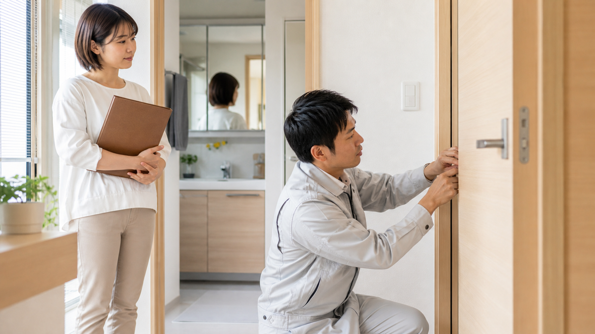 入居後の住宅で建具を点検調整するアフター担当者