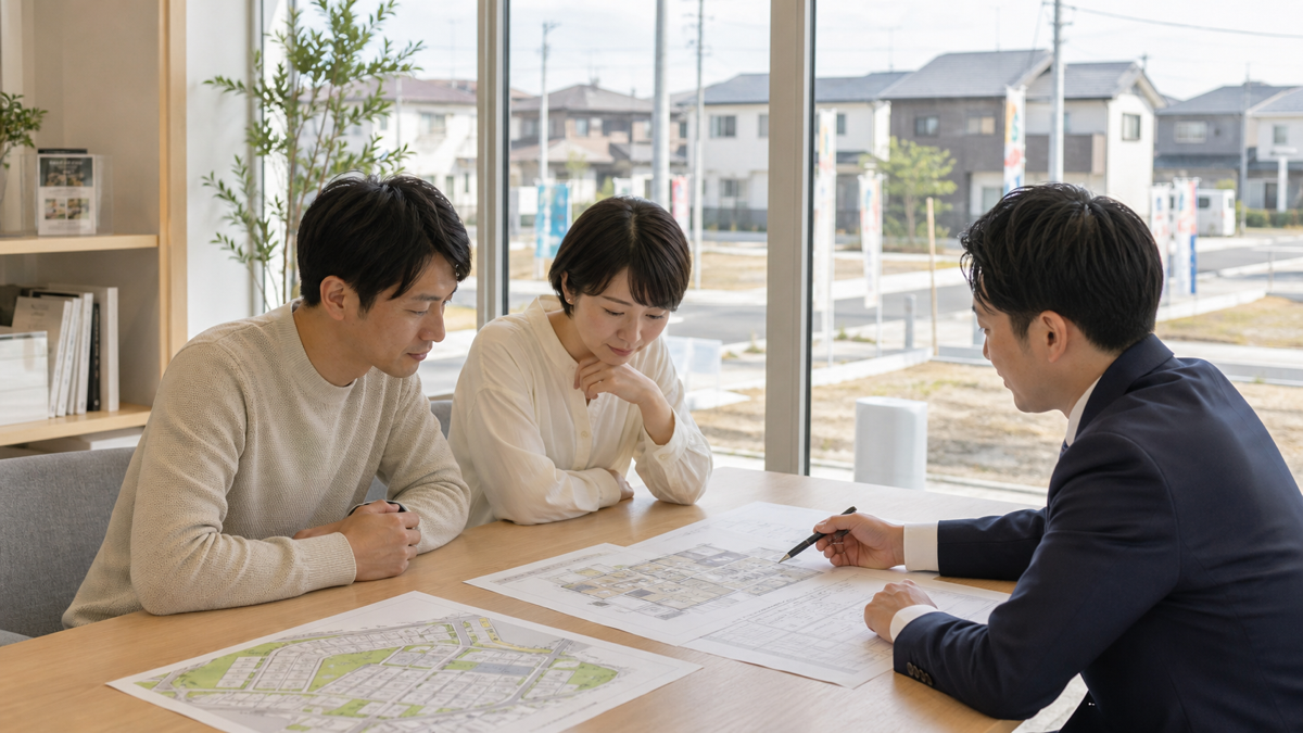フジ住宅の分譲地や間取りを比較する家族