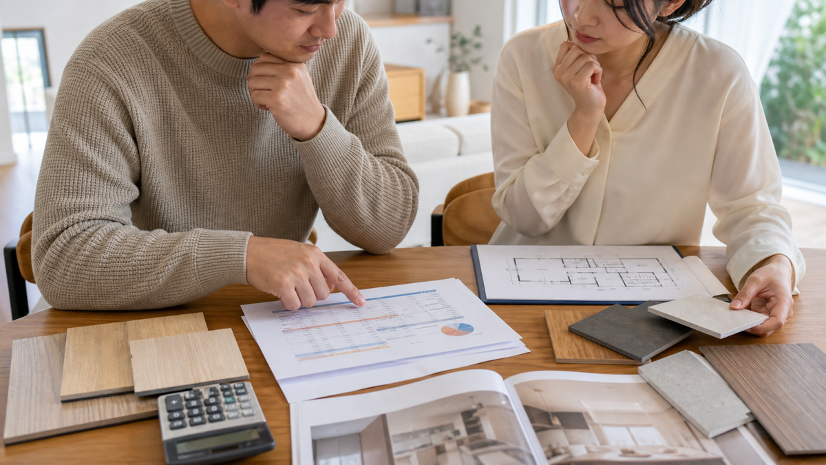 住宅の見積総額と内装オプションを確認する夫婦