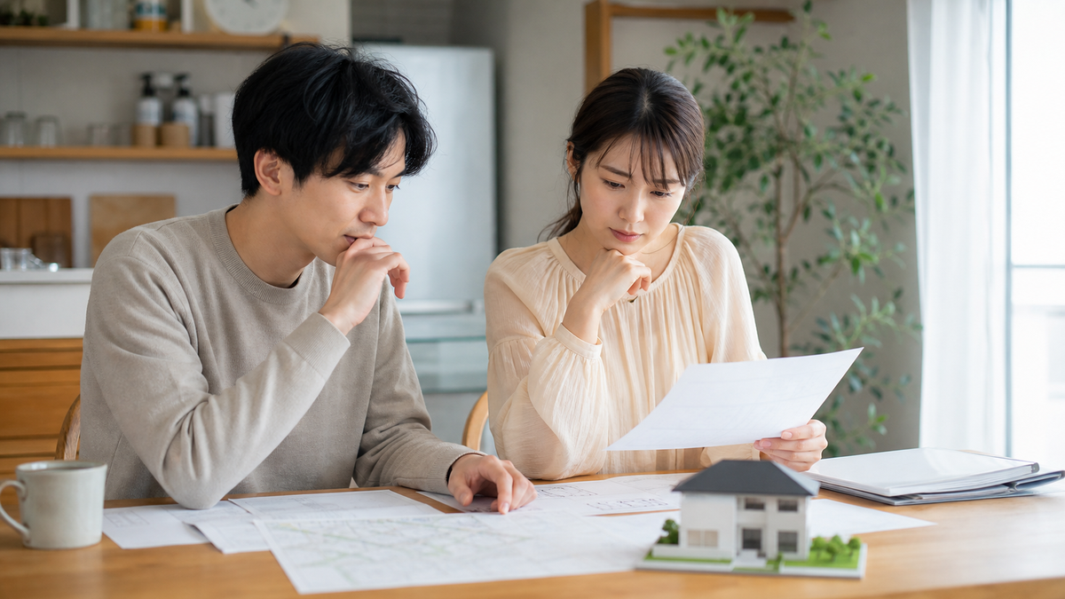 住宅の見積書と土地資料を確認する場面