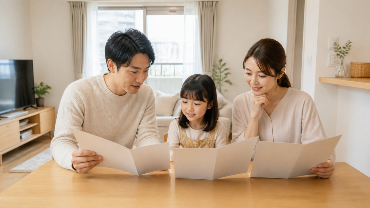 三社の住宅プランを家族で比較する様子