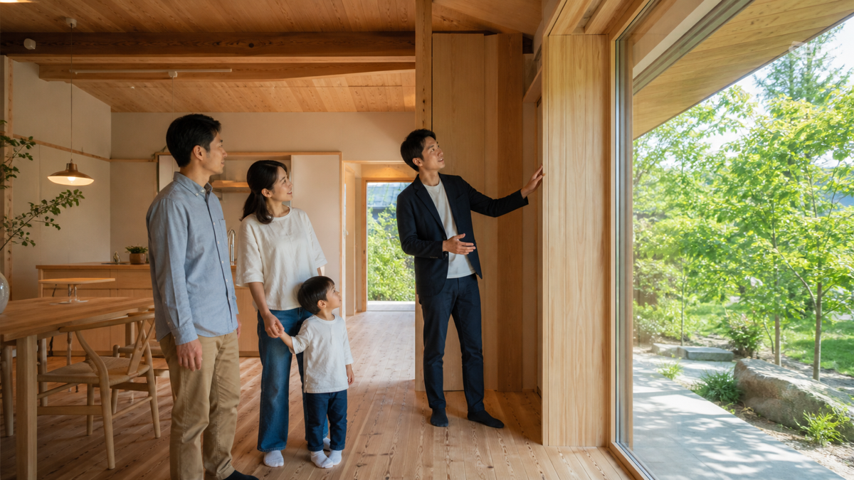 岐阜の木の家を見学する家族