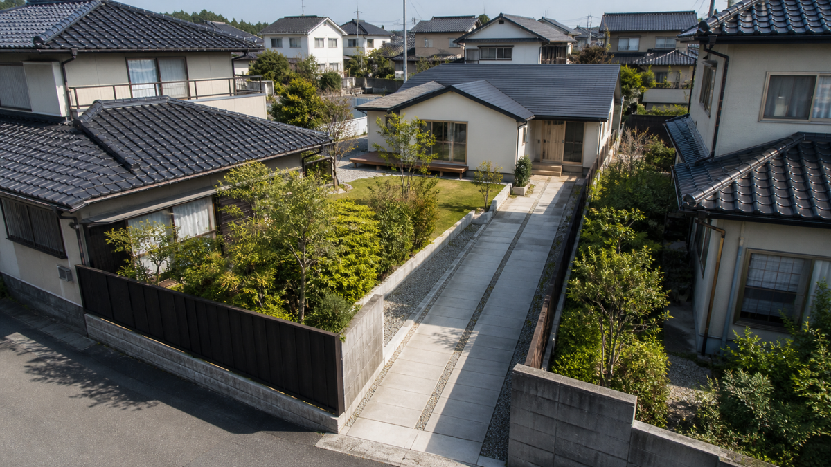 細い通路の奥に住宅が建つ旗竿地の様子