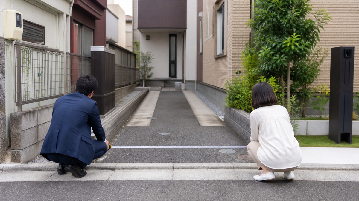 旗竿地の通路幅を現地で測っている様子