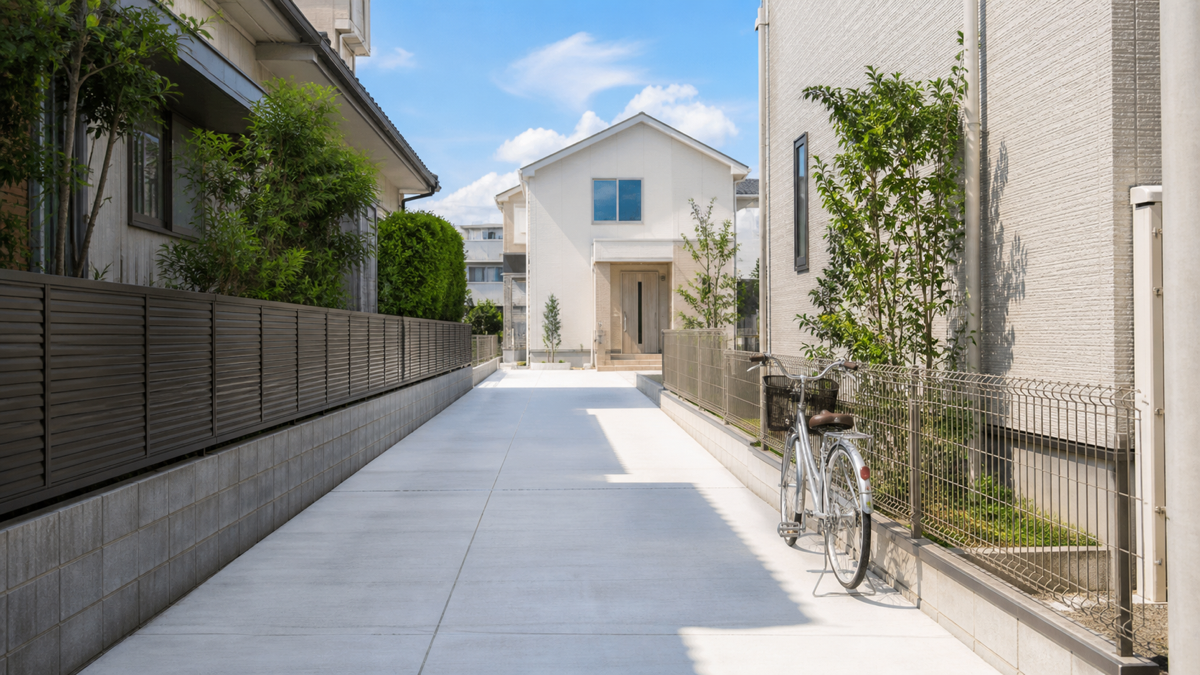 内見に向けて整えられた旗竿地の明るい通路