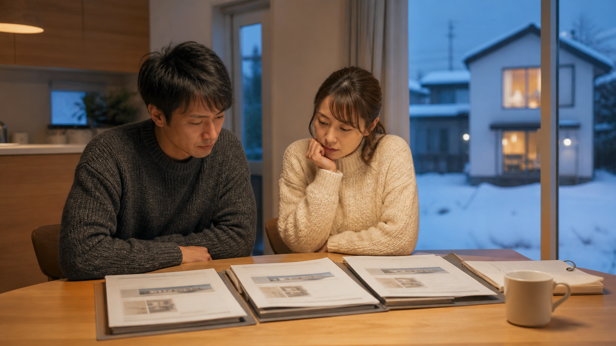 北海道の住宅会社の見積書を家族で比較する場面