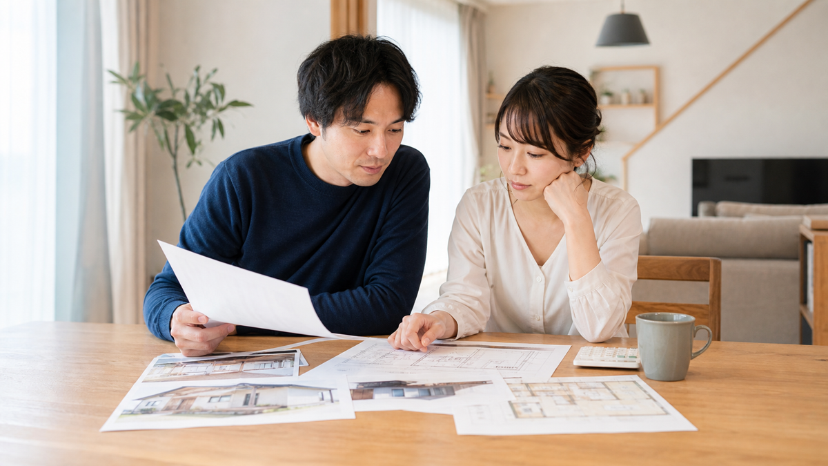 中堅ハウスメーカーの資料と予算を夫婦で比較する様子