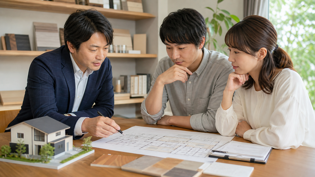 中堅ハウスメーカーとの契約前に家族と設計担当者が最終確認する様子