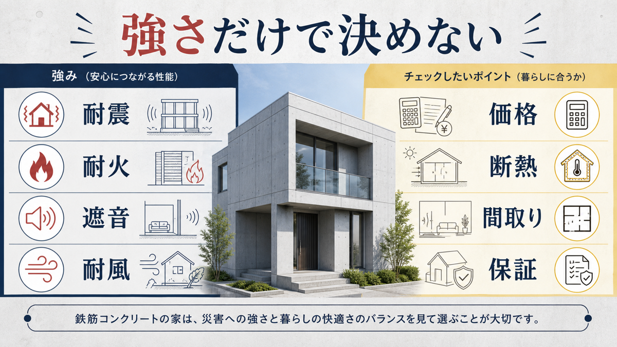 鉄筋コンクリート住宅の強みと確認点を示す図