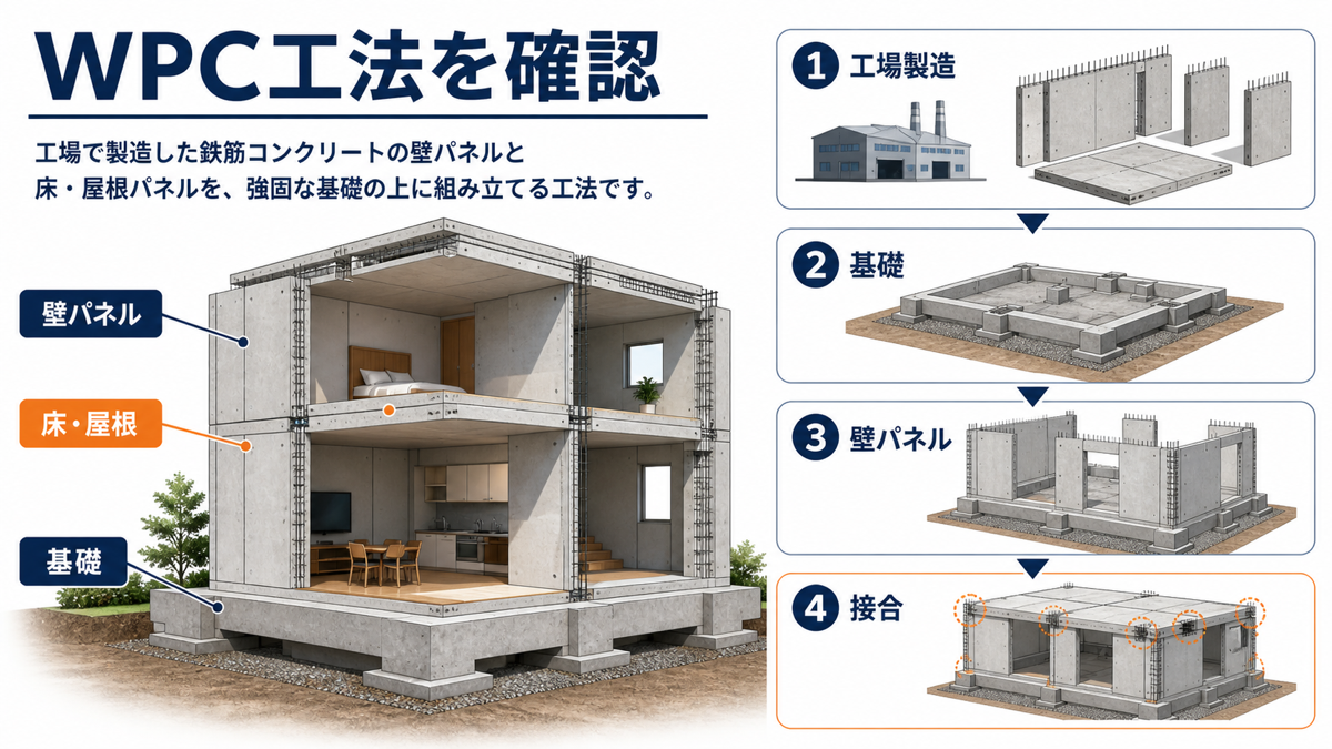 WPC工法のパネル製造と組み立てを示す図