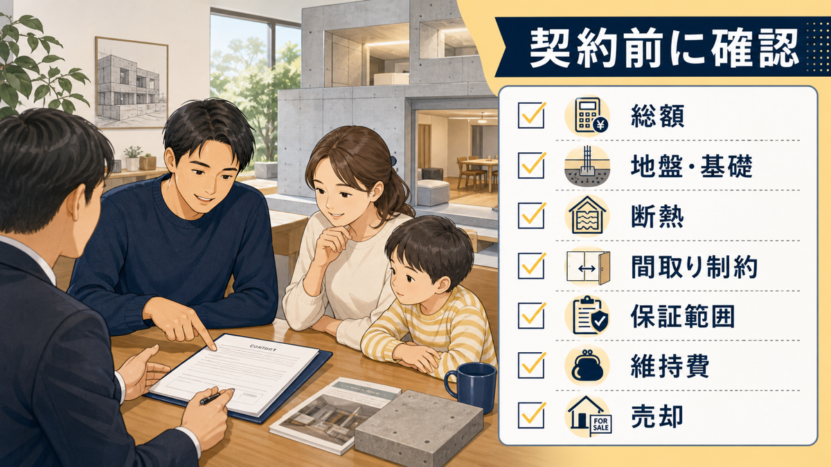 鉄筋コンクリート住宅の契約条件を確認する家族