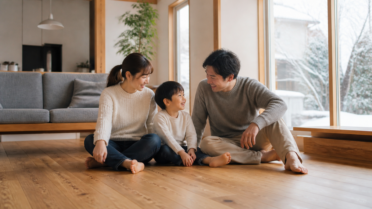 暖かいリビングで電気代を確認する家族
