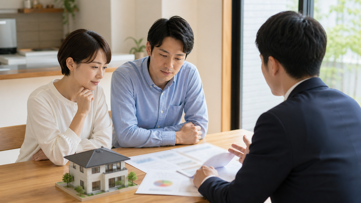 住宅の省エネ試算を担当者と確認する場面