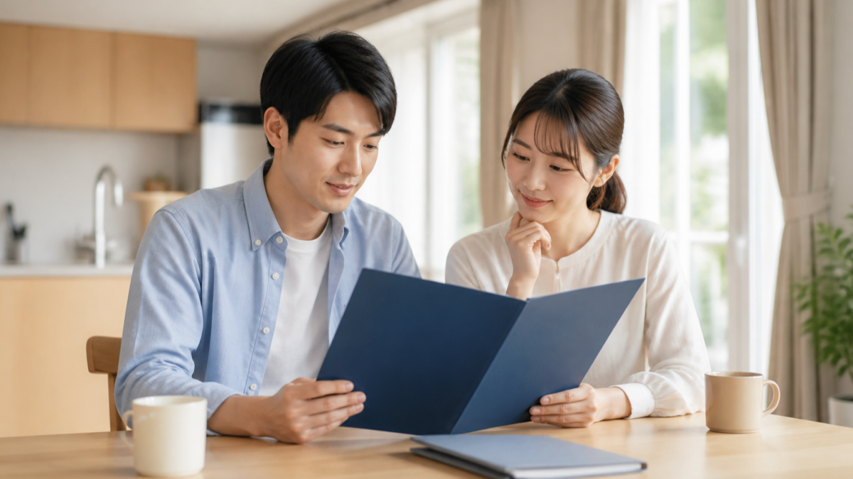 新築住宅の保証書を確認する家族