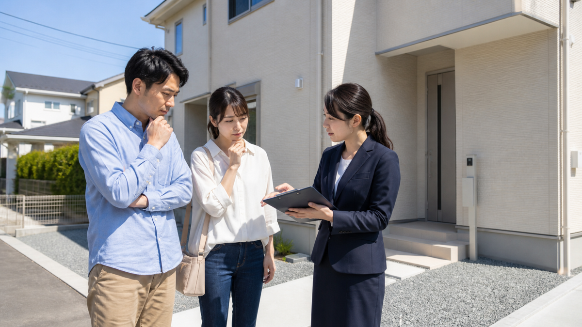 アイディホームの新築住宅を前に説明を受ける夫婦