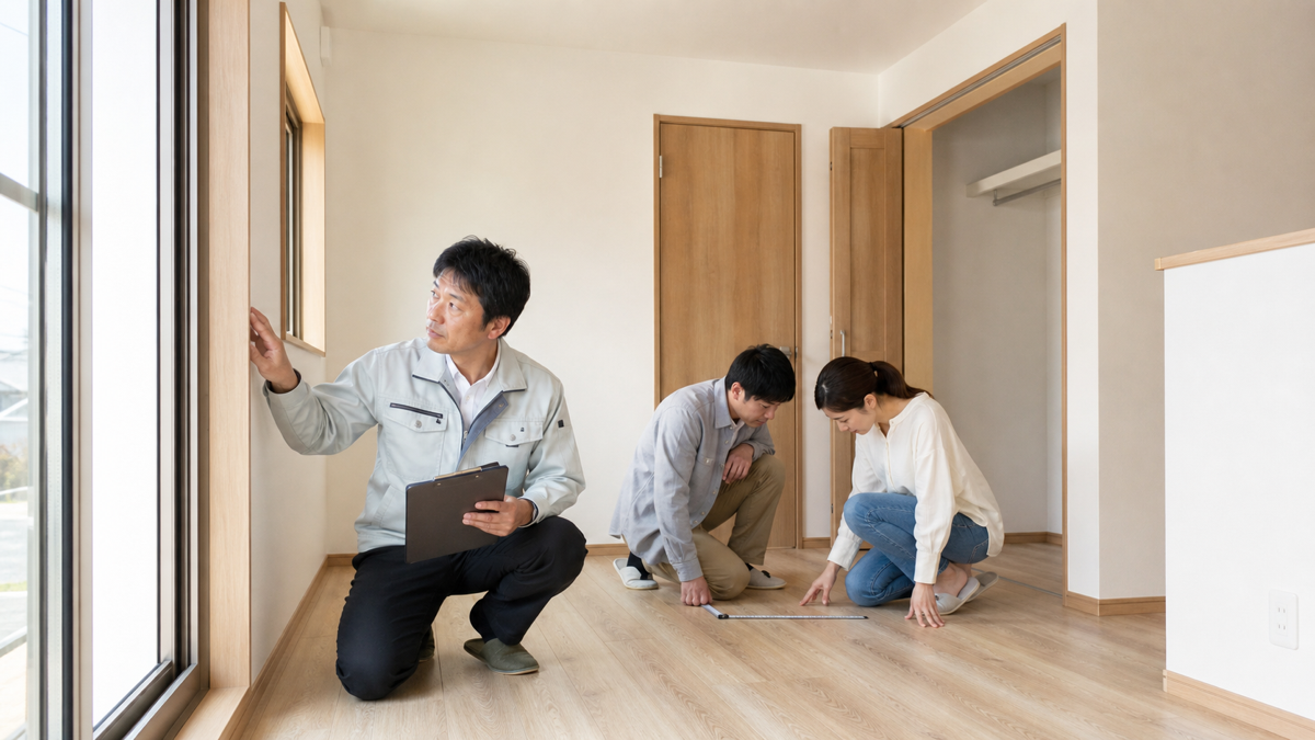 新築住宅の窓や床の施工状態を確認する住宅診断士と夫婦