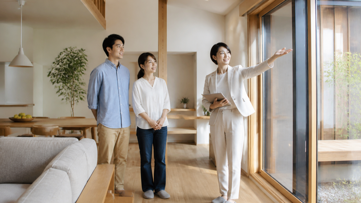 木のモデルハウスを見学する夫婦のイメージ