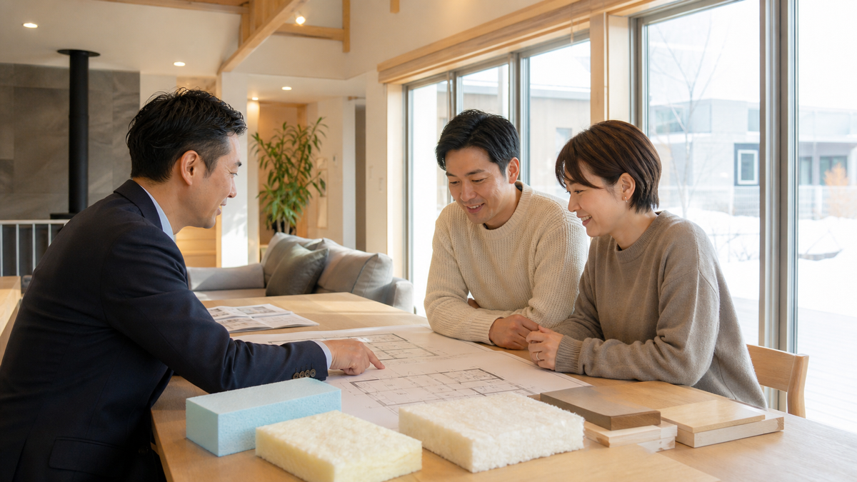 石井工務店を検討する夫婦が断熱材と間取りを確認する様子