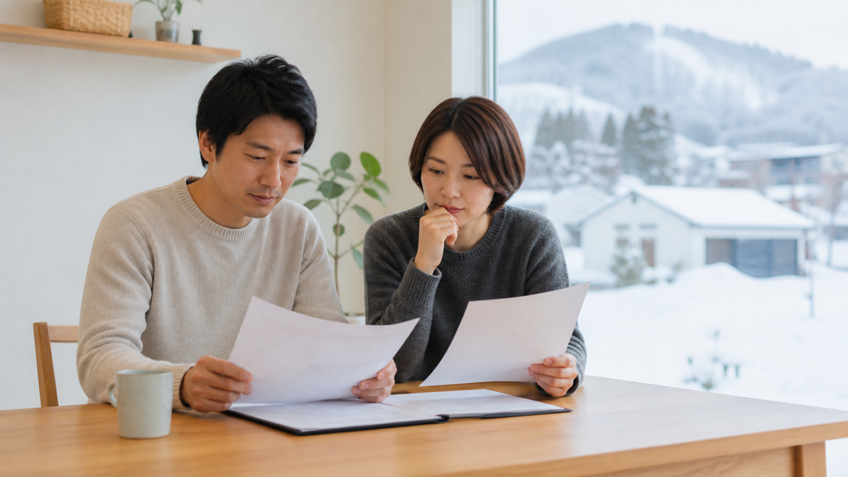 雪国で住宅予算を考える家族のイメージ