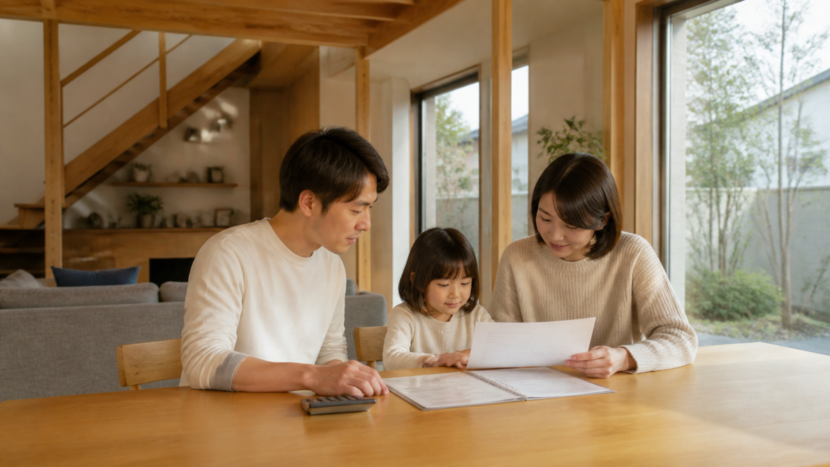 完成した注文住宅で家計を確認する家族