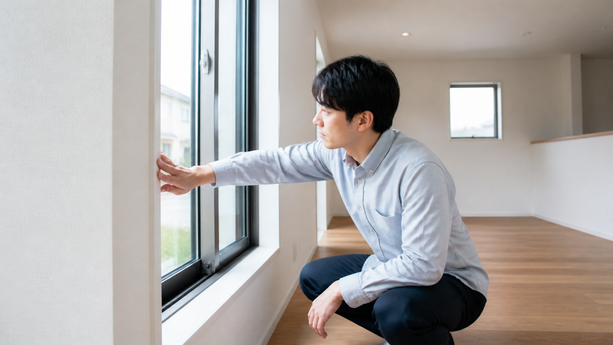 新築住宅の窓まわりを確認する施主