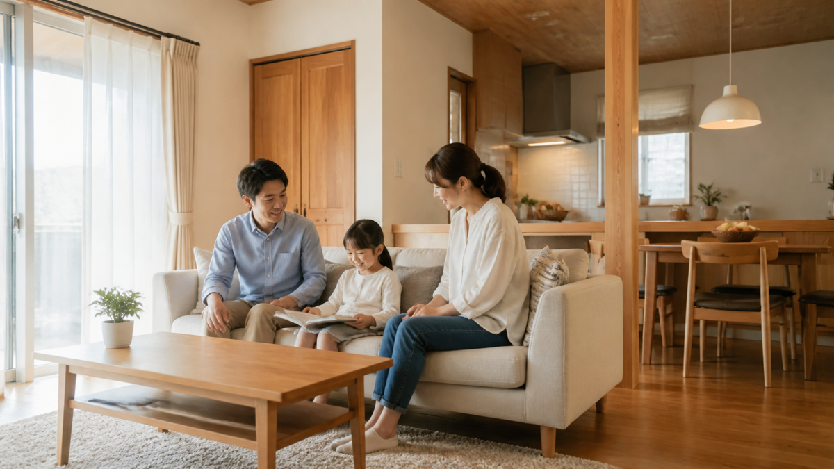 木の温もりがある住宅でくつろぐ家族