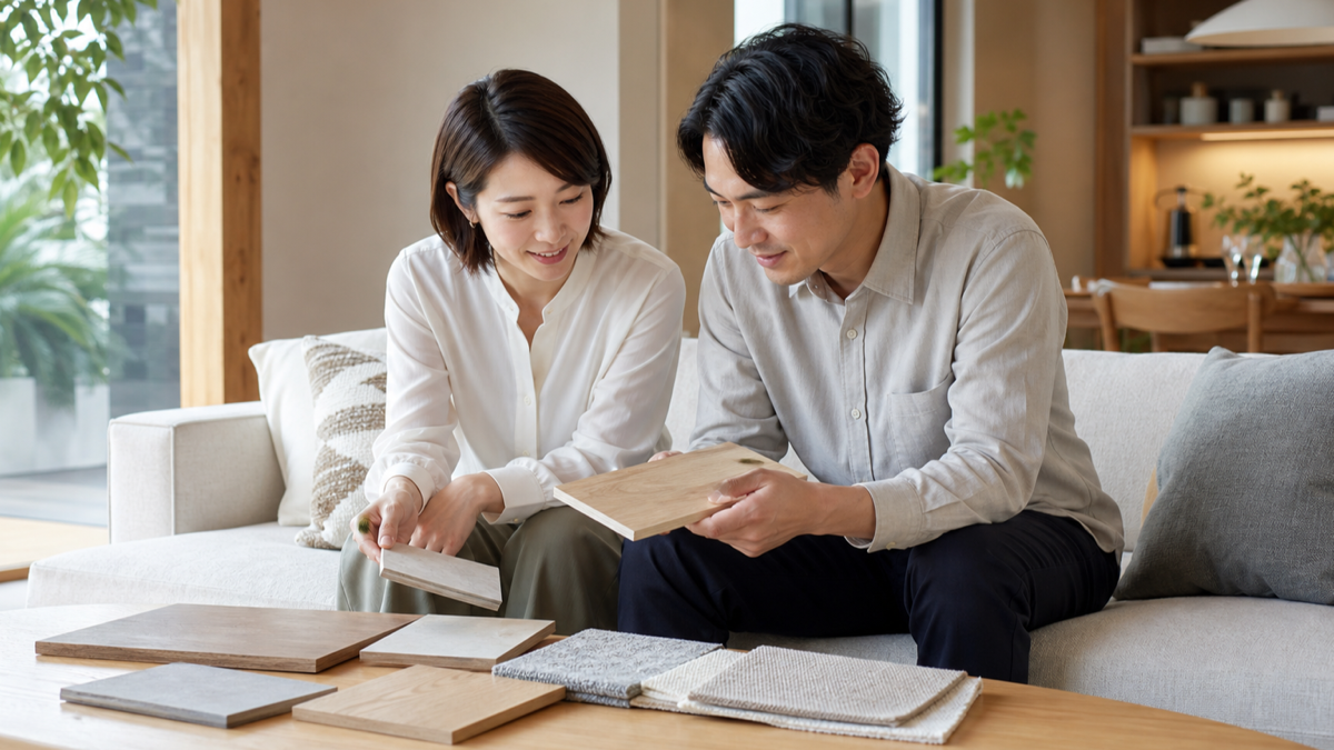 上質な住宅の素材を確認する場面