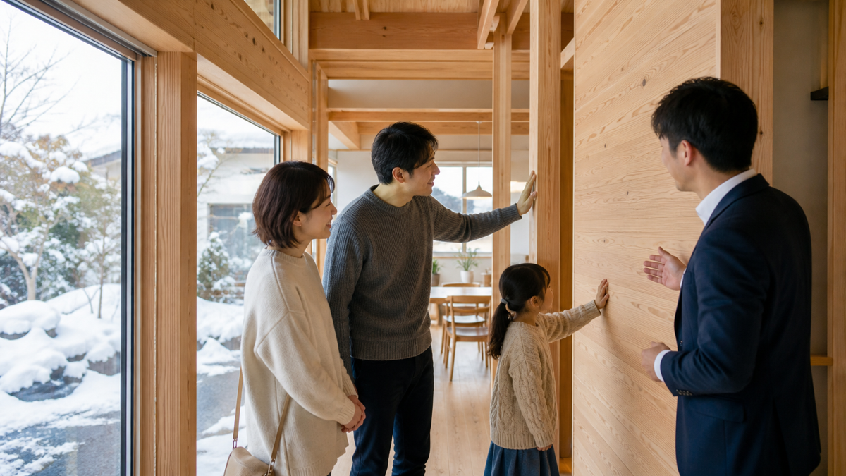 長野市の高断熱住宅を見学する家族