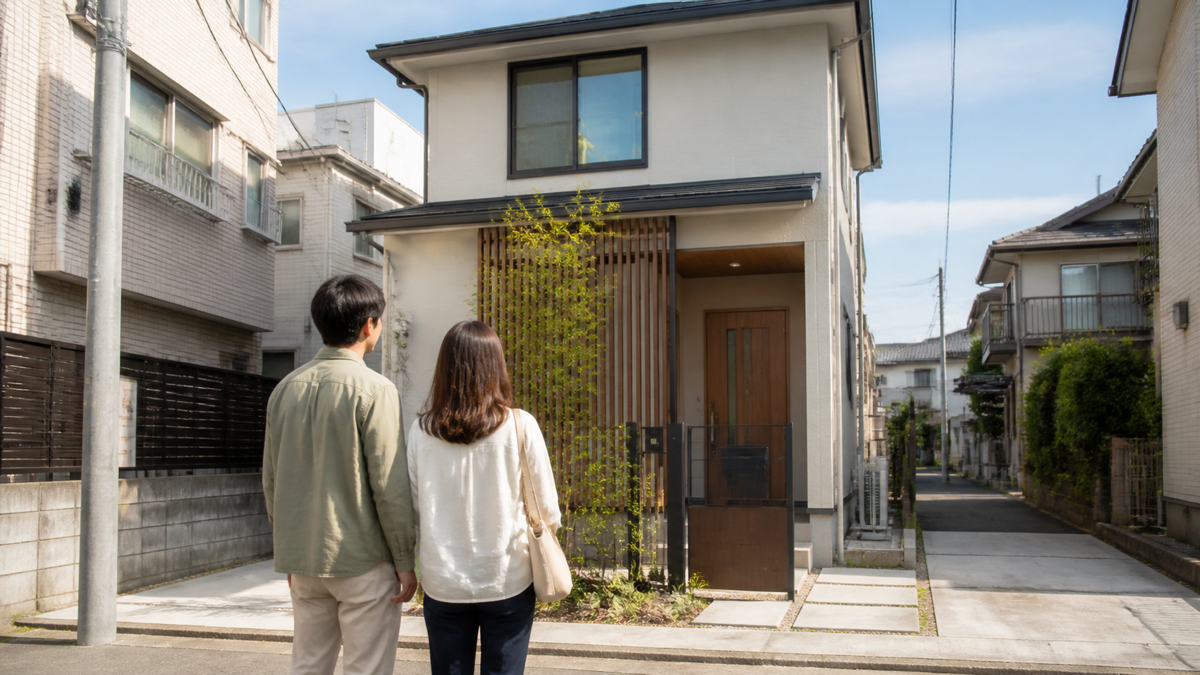 都市部の戸建てを見学する夫婦のイメージ