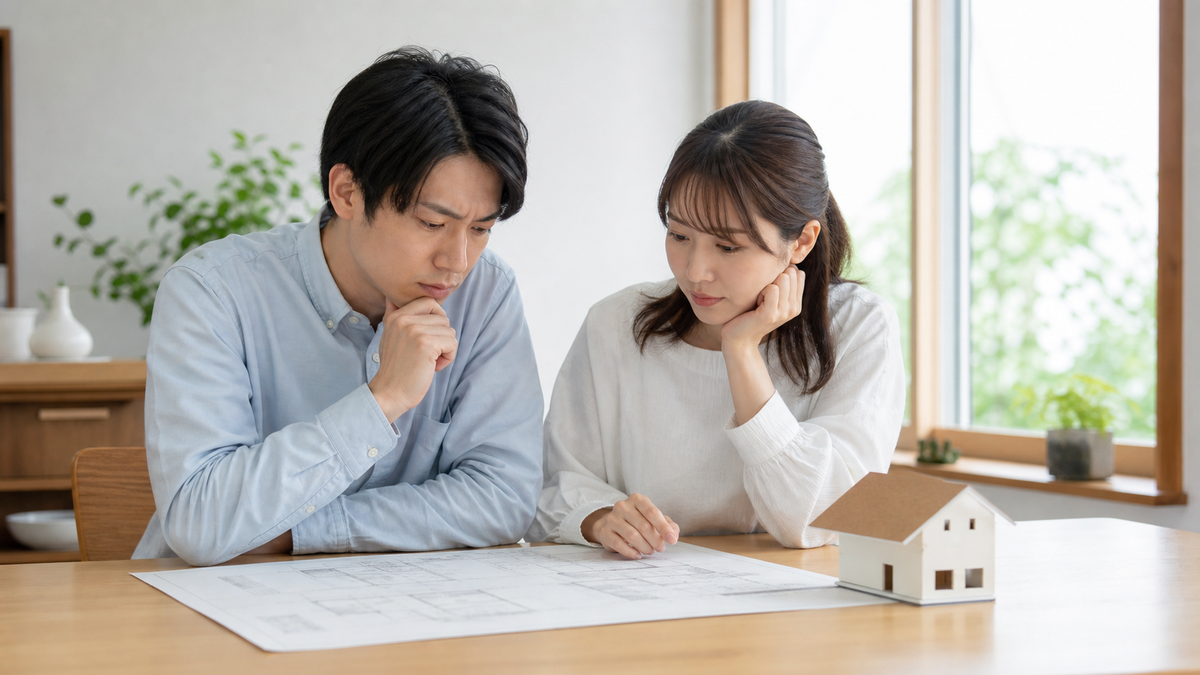 住宅図面を前に不安を整理する家族