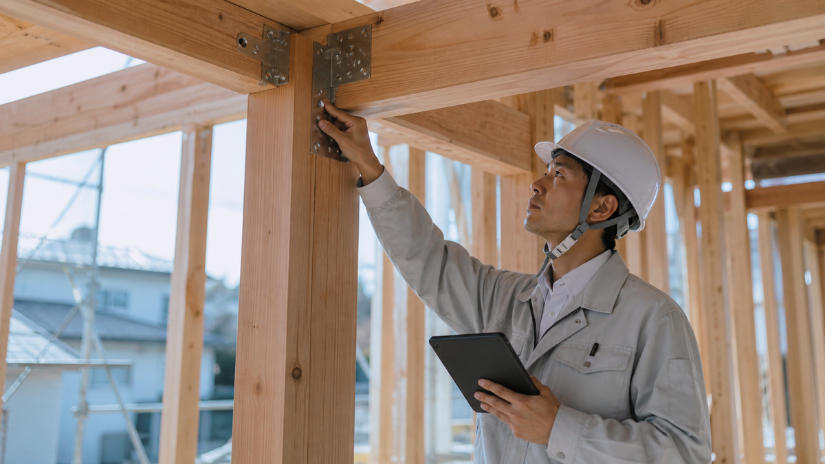 木造住宅の構造図と金物を確認する設計者