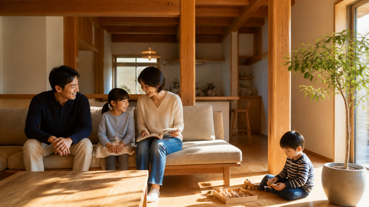 木の家でくつろぐ家族のイメージ