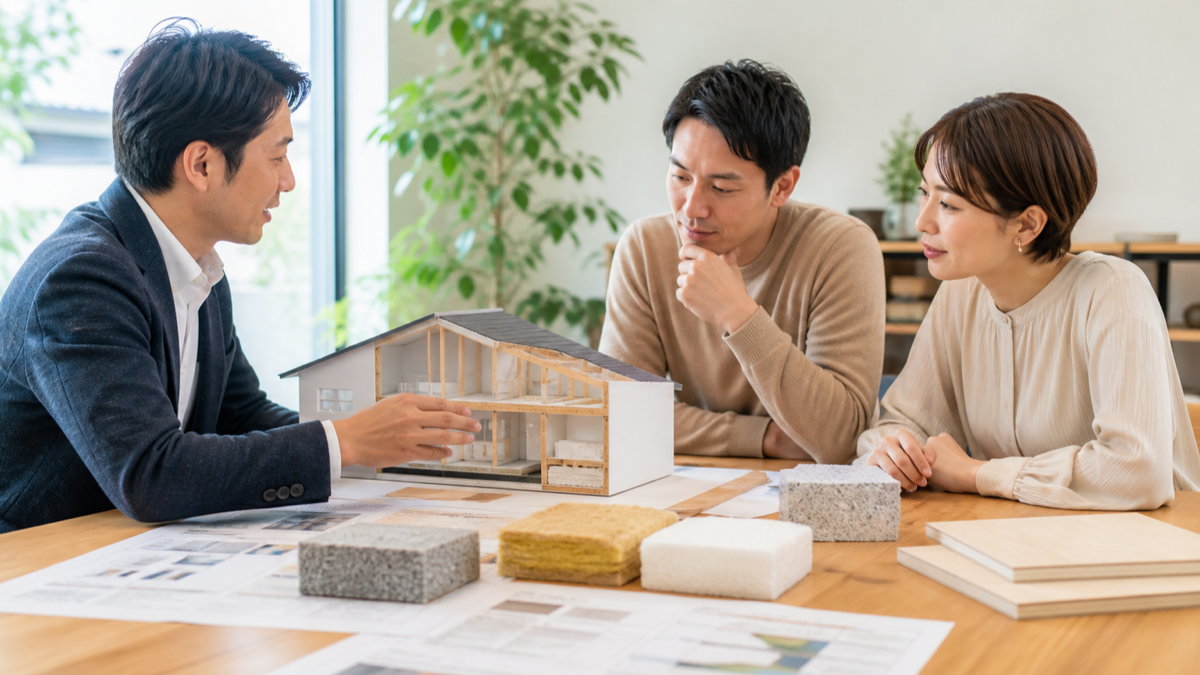 断熱仕様と住宅模型を確認する打ち合わせのイメージ