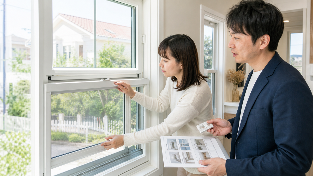 輸入住宅の窓とメンテナンス部品を確認する様子