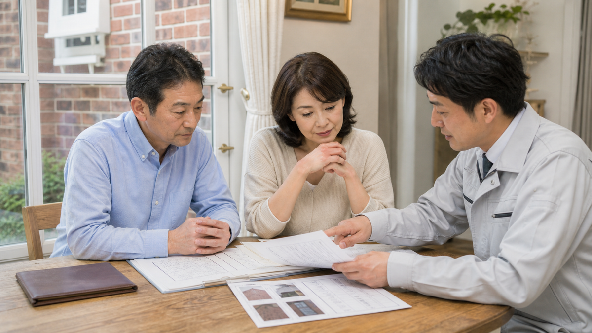 輸入住宅の保証書と定期点検内容を確認する夫婦