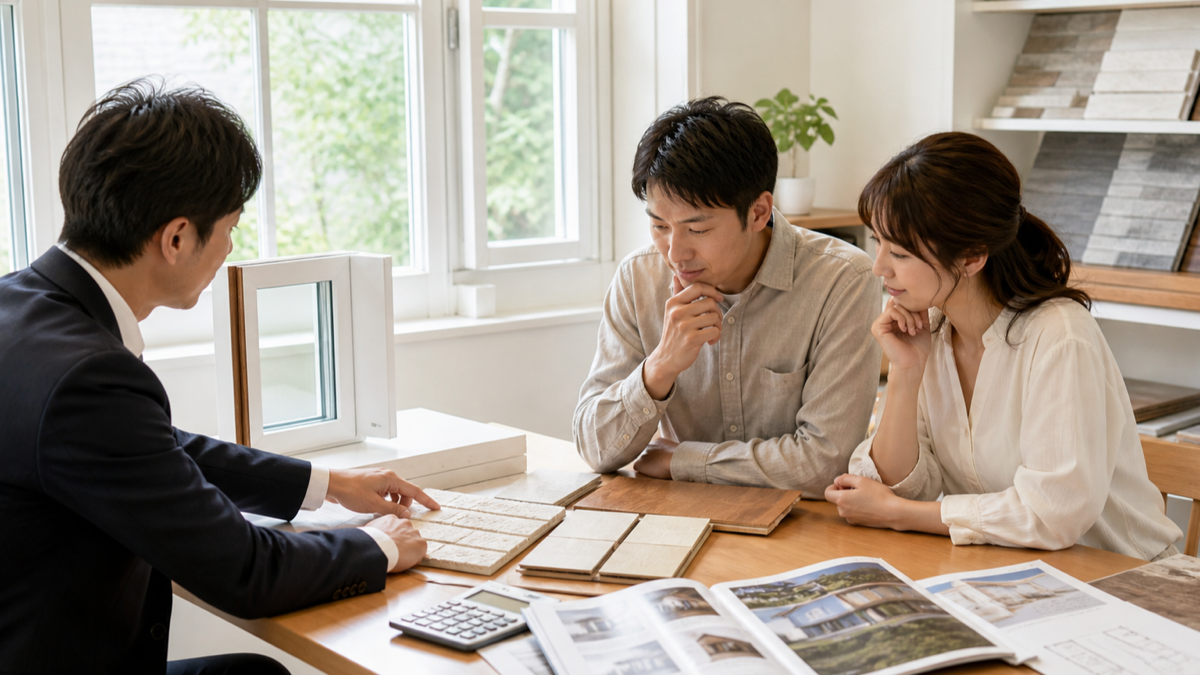 輸入住宅の窓と内外装サンプルを比較するイメージ