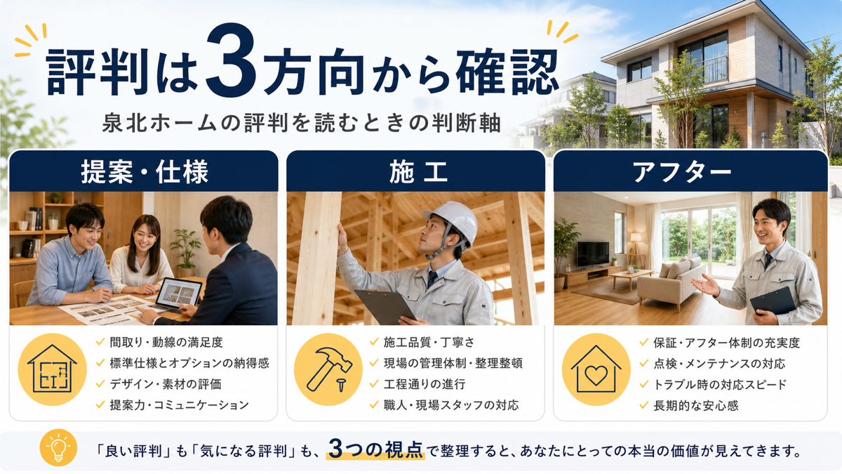 泉北ホームの評判を提案・施工・アフターの3方向から確認するイメージ