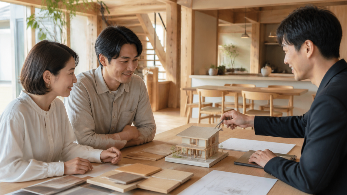 木の家の前で予算を確認する家族のイメージ