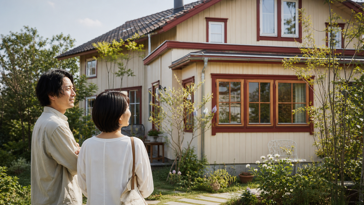 北欧風の中古住宅を見学する家族