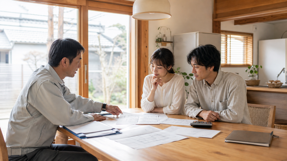 中古住宅の点検項目を家族と専門家が確認する様子