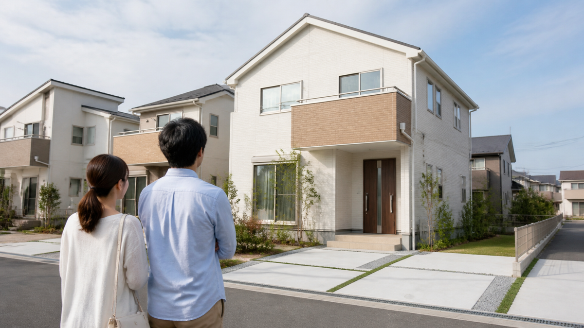 分譲地の戸建てを見学する夫婦のイメージ