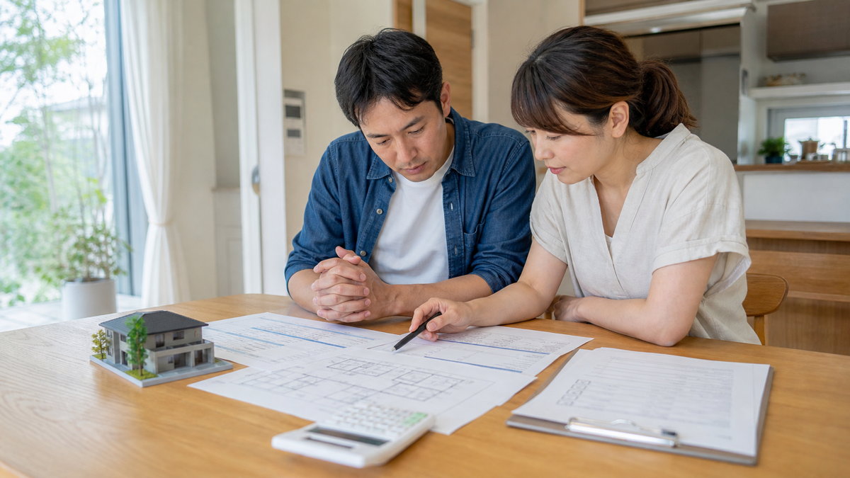 建売住宅の販売価格と含まれる設備を確認する夫婦