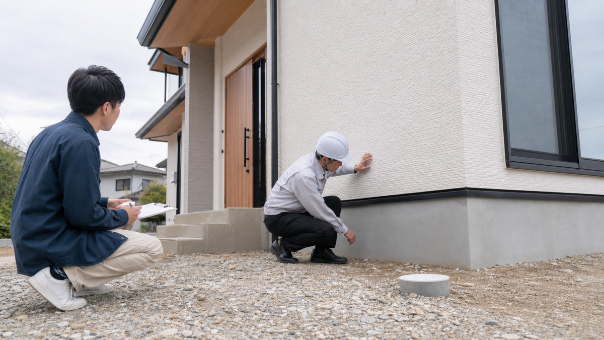 新築建売住宅の外壁と基礎を検査する様子