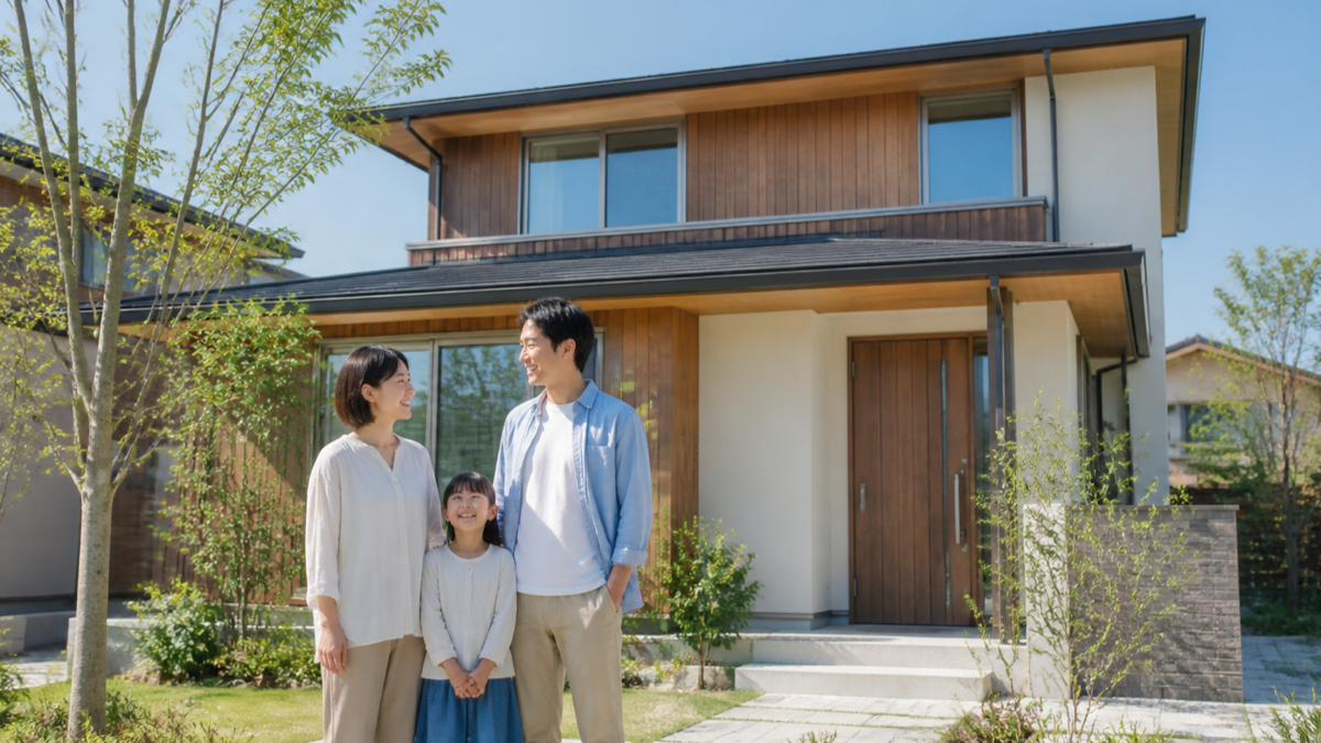 完成住宅の前で暮らしを想像する家族のイメージ