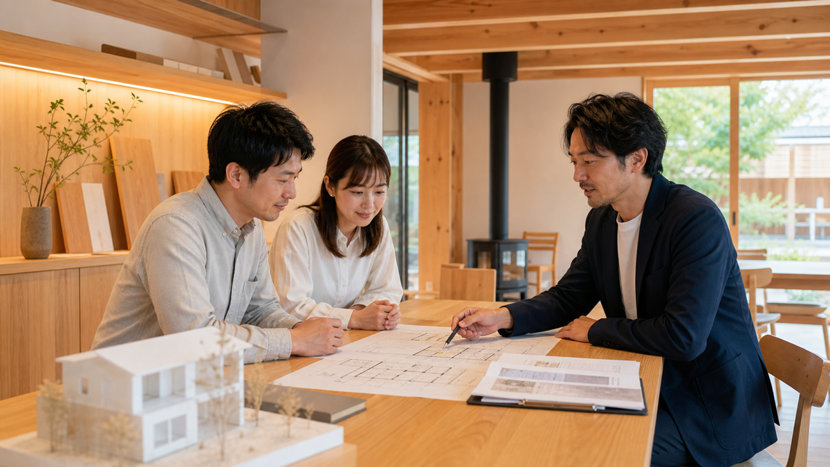 谷口工務店を検討し木の家の設計と見積もりを相談する夫婦